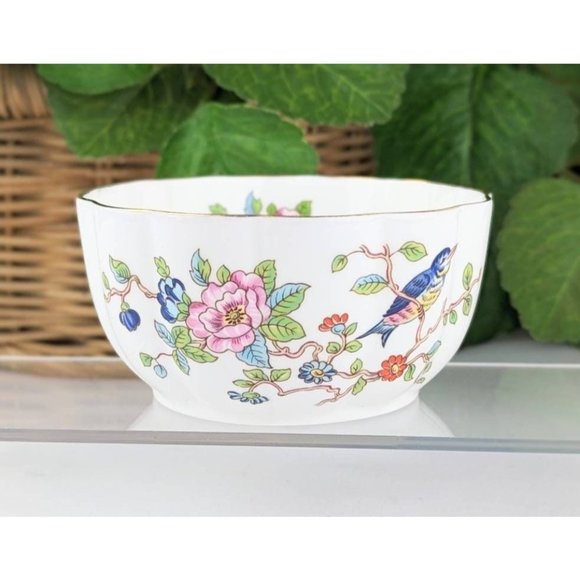 White Porcelain Bowl Gold Trim Floral Vintage Fine China Blue Birds Pink Floral - Picture 1 of 10
